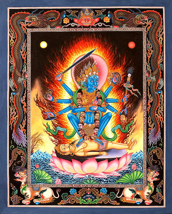Superfine Mother Goddess Kali in Newari Style(Tibetan Buddhist Thangka Without Brocade)