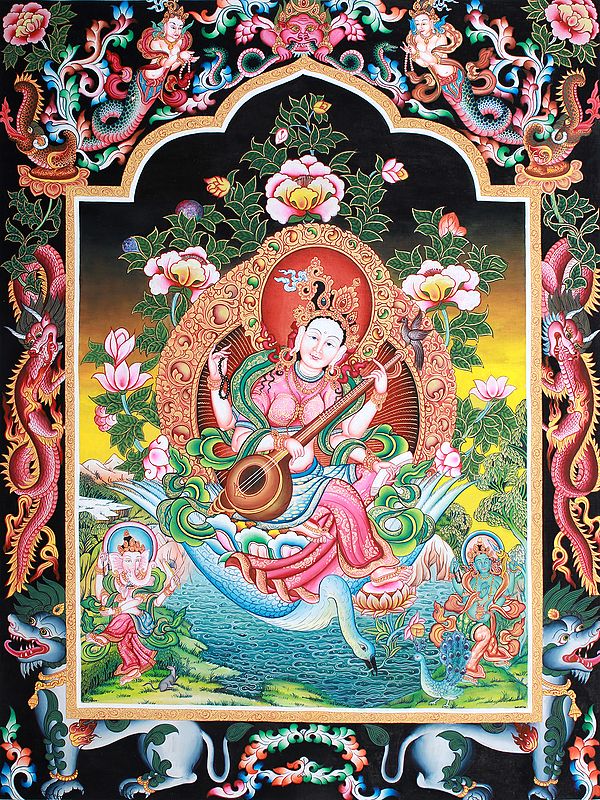 The Radiant Devi Sarasvati In Her Elements - Brocadeless Thangka