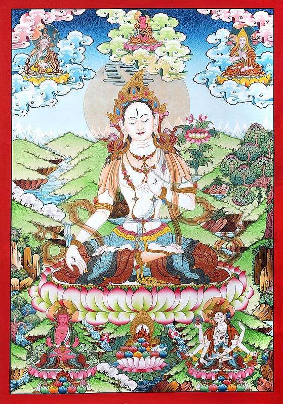 Superfine Tibetan Buddhist Saviour Goddess  White Tara -Brocadeless Thangka