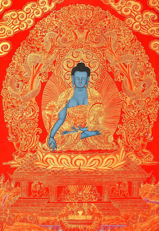 Tibetan Buddhist Deity Medicine Buddha - Brocadeless Thangka