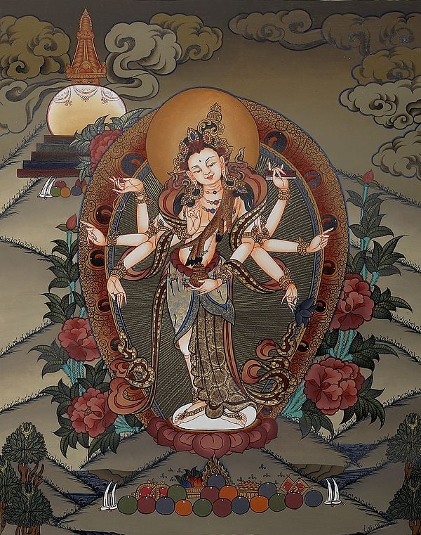 The Graceful Bodhisattva Gunayin, Viewed Over The Himalayas - Brocadeless Thangka