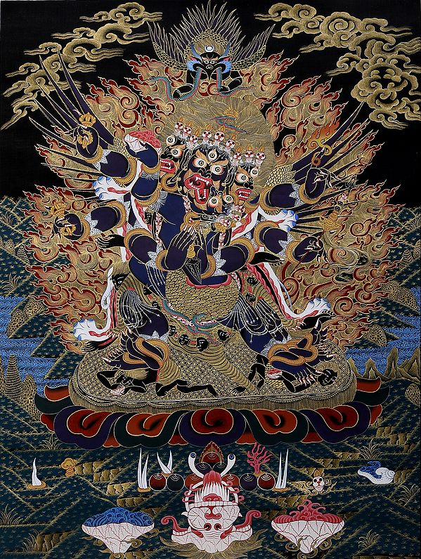 Six-Armed Winged Vajrakumara (Vajrakila) in Yab Yum -Tibetan Buddhist Brocadeless Thangka
