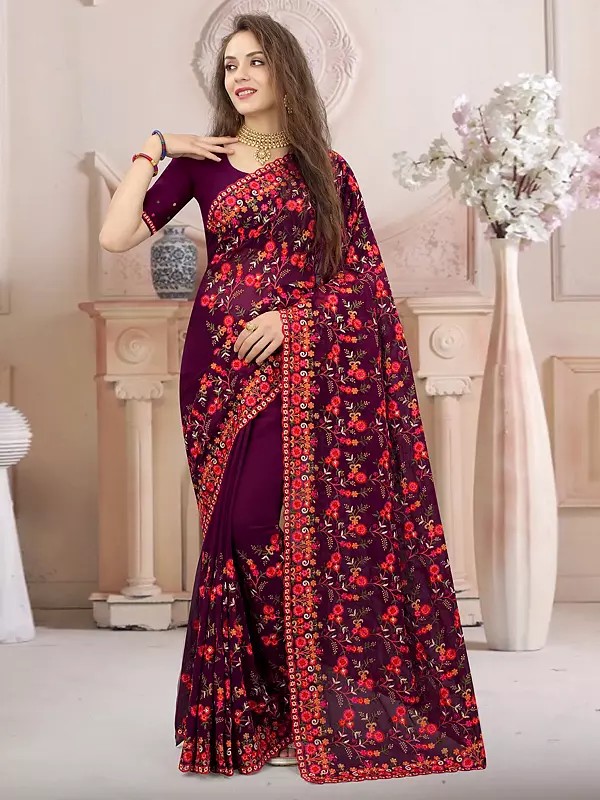 Georgette All Over Floral Embroidery Work Party Wear Saree