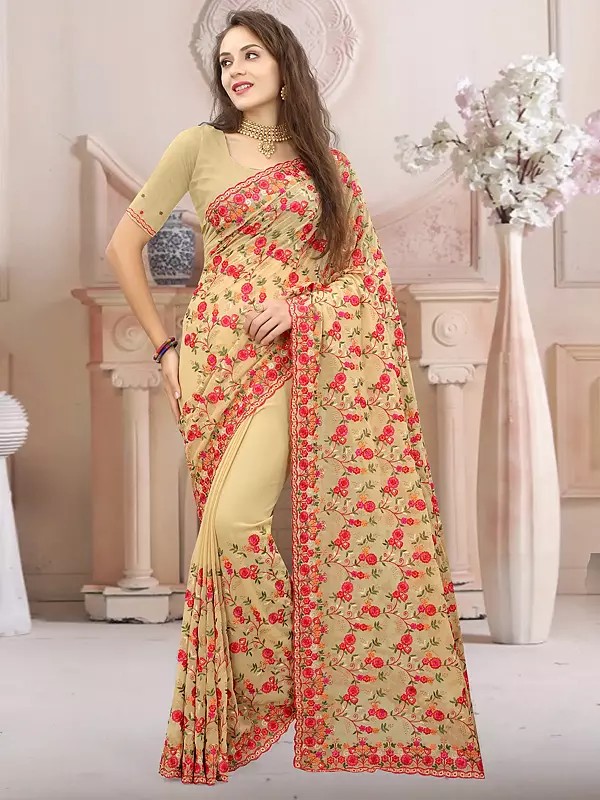 Georgette All Over Floral Embroidery Work Party Wear Saree