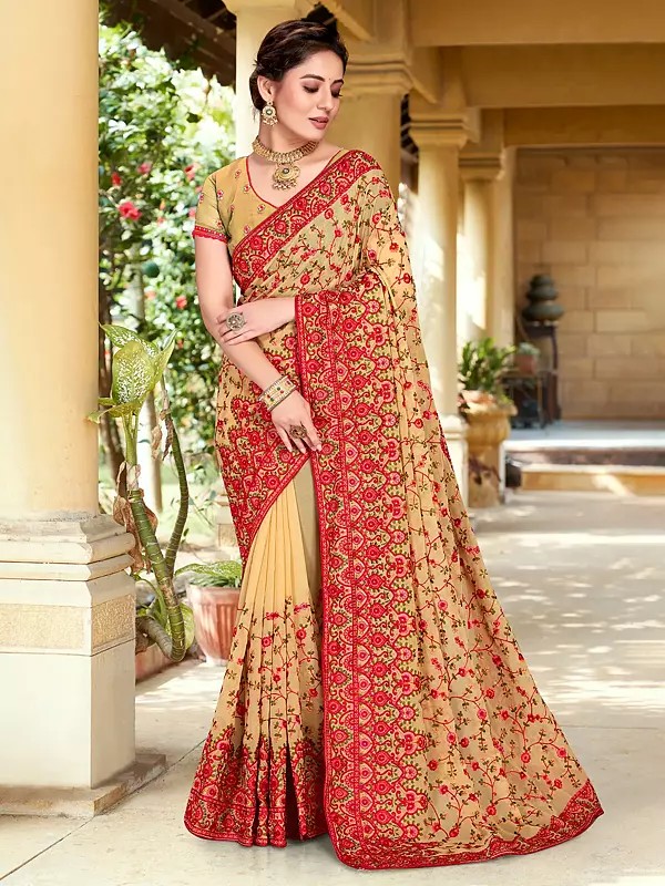 Attractive Floral Embroidery Work Party Wear Georgette Saree