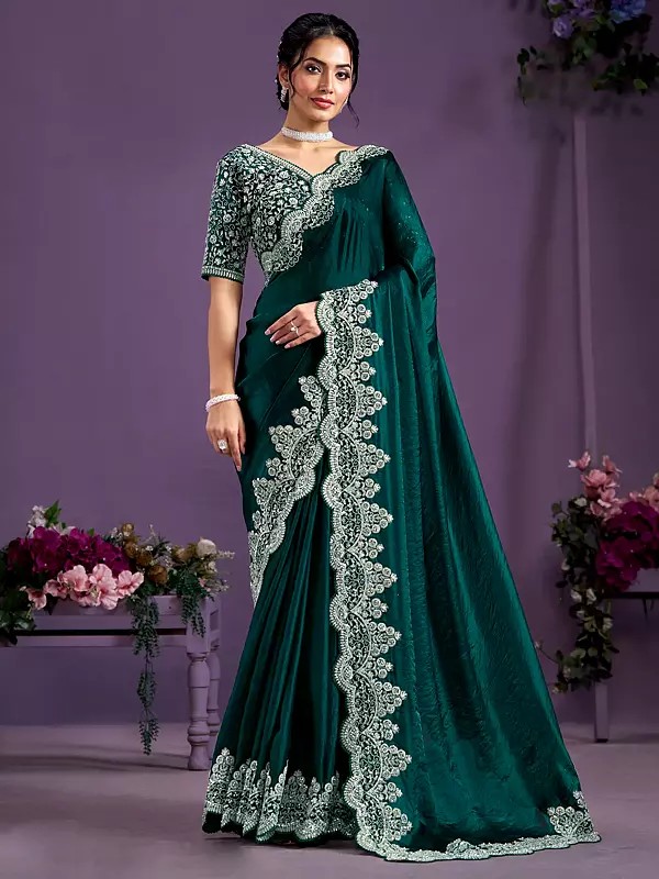 Deep-Teal Heavy Sequins With Hand Work Designer Border Party Wear Satin Silk Saree