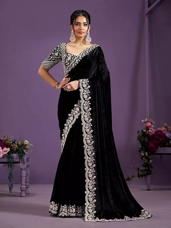 Black Two Tone Satin Silk Sequins With Handwork Embellished Border Party Wear Saree