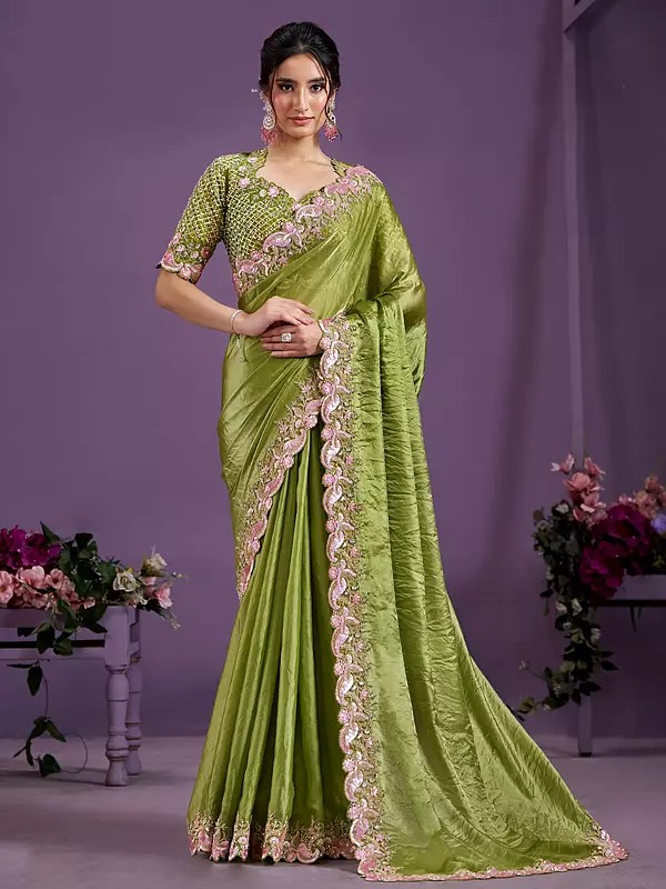 Green-Smoke Two Tone Satin Silk Sequins With Moti Work Embellished Border Party Wear Saree