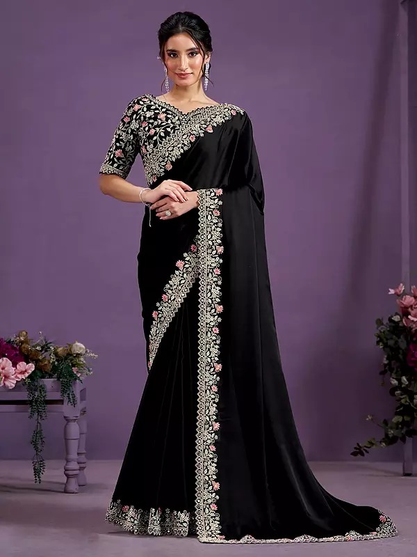 Black Embellished Real Mirror With Moti Work Border Party Wear Satin Silk Saree