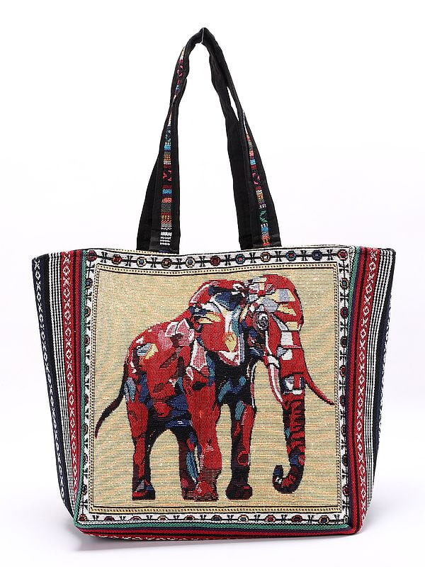 Tote Bag from Kutch with Woven Elephant and Zipper Closure