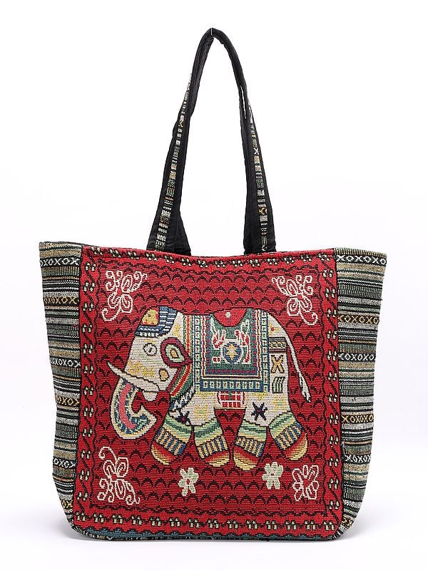 Elephant Motif Tote Bag from Kutch with Zipper Closure