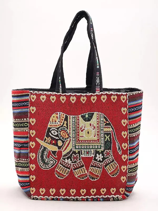 Elephant Motif Tote Bag from Kutch with Zipper Closure