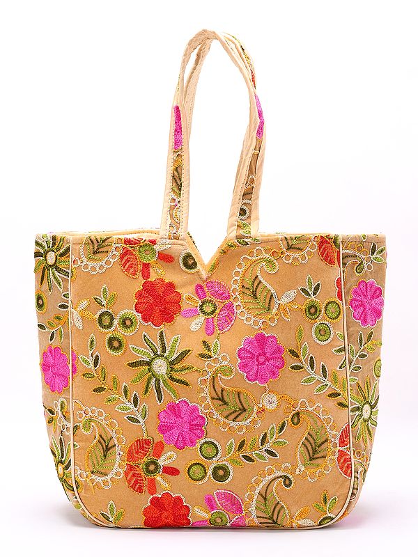 Kutch Shoulder Bag with Chain Stitch Embroidered Flower and Paisley