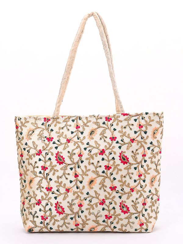 Shoulder Tote Bag with Floral Embroidery