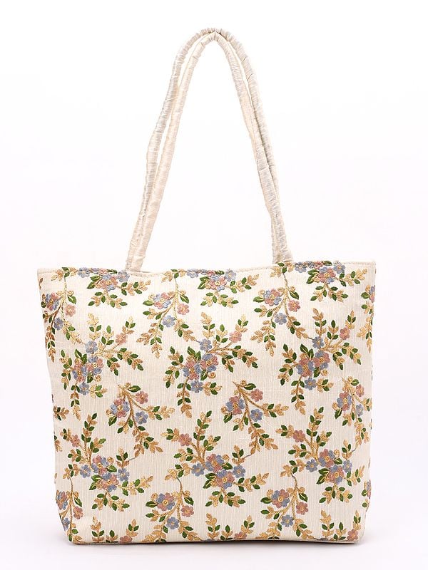 Shoulder Tote Bag with Floral Embroidery