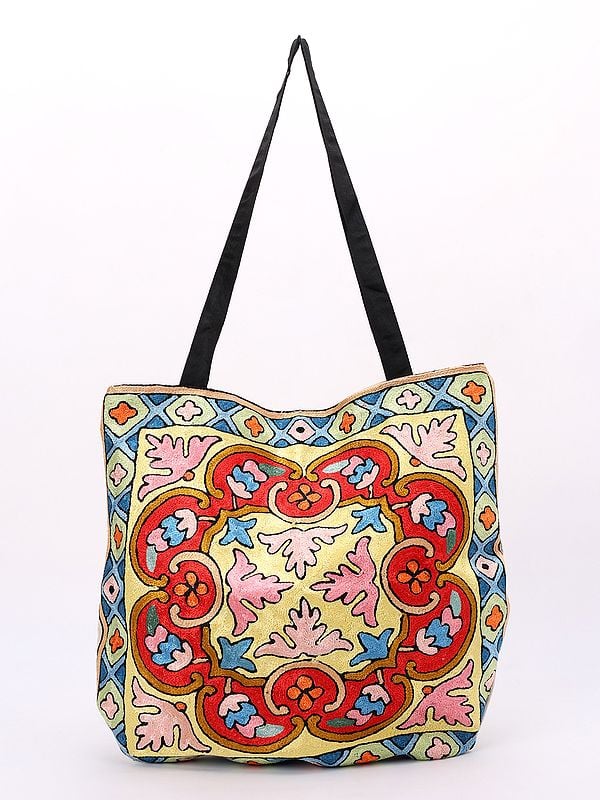 Chain Stitched Aari Embroidered Shopper Tote Bag from Kashmiri