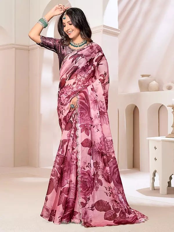 Crystal Organza Silk Heavy Zircon Cutwork Border Party Wear Saree