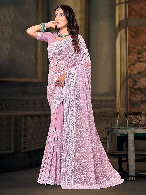 Heavy Sequins And Embroidery Work Floral Designer Party Wear Georgette Saree