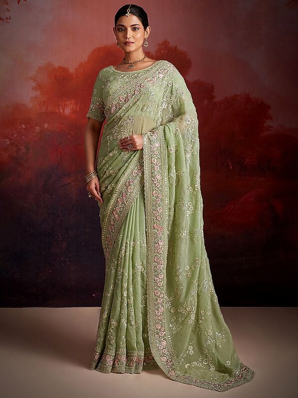 Iguana-Green Floral Sequins And Thread Zarkan Work Organza Saree With Blouse For Wedding Occasion