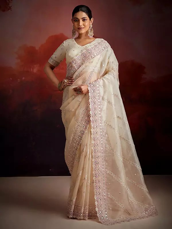 Bone Zarkan And Sequins Thread Work Designer Party Wear Soft Net Saree