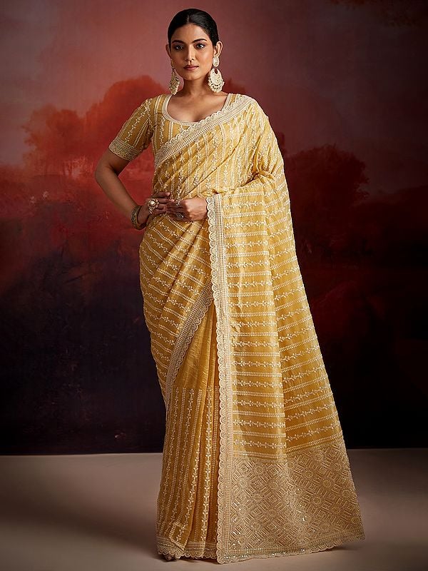 Harvest-Gold Heavy Sequins Thread And Zarkan Work Fancy Party Wear Organza Saree