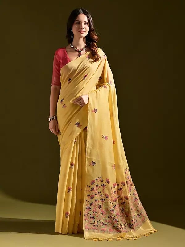 Thread Woven Designer Festive Wear Muga Cotton Saree With Attractive Floral Tassels Pallu