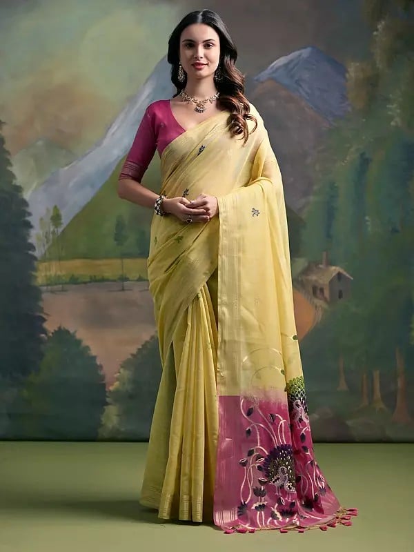 Muga Cotton Festive Wear Thread Woven Work Saree With Attractive Peacock Motifs Tassels Pallu