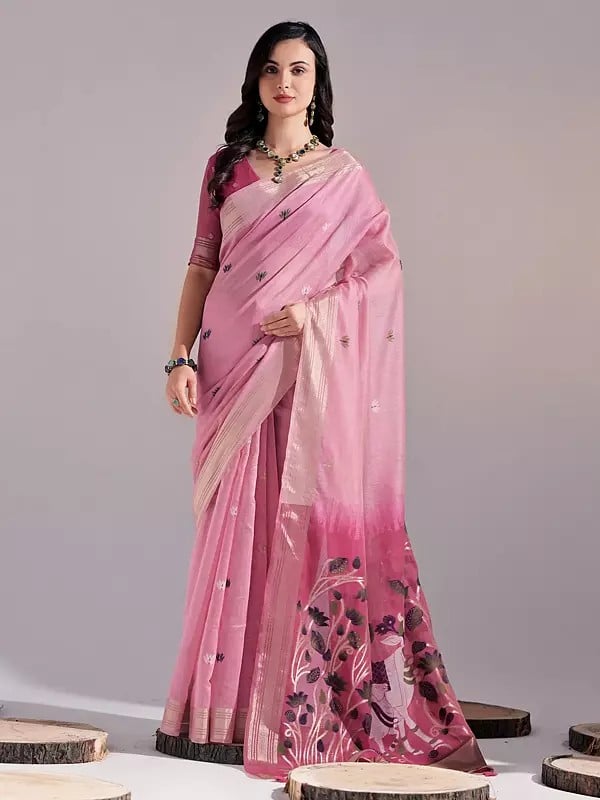 Thread Woven Work Wedding Wear Muga Cotton Saree With Attractive Cow Motif Tassels Pallu