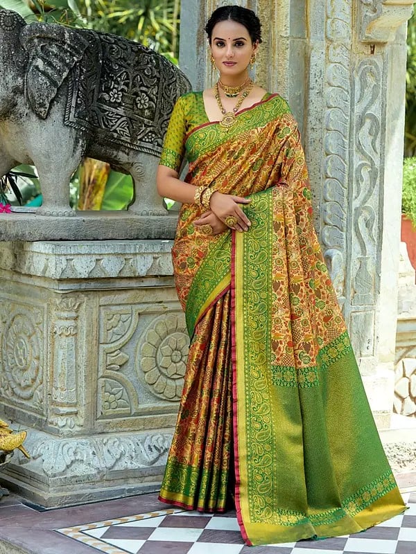 All Over Zari Woven Design With Paisleys Motifs Border Kanjivaram Silk Saree