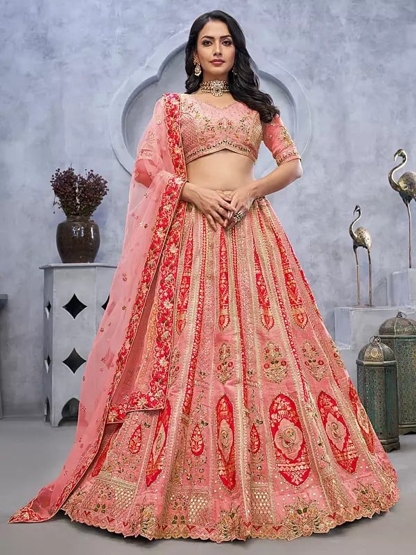 Organza Silk Sequins-Embroidery And Stone Work Fancy Wedding Wear Lehenga Choli With Matching Soft Net Floral Border Dupatta