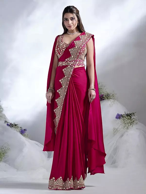 Crepe Satin Silk Sequins And Moti Work Designer Party Wear Saree With Blouse