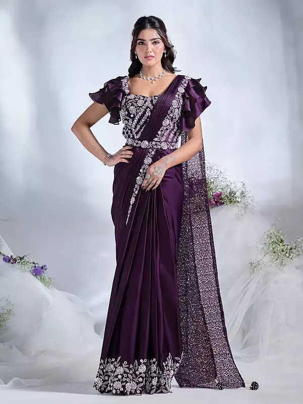 Crepe Satin Silk Moti And Real Mirror Work Designer Saree With Attractive Tassels Pallu