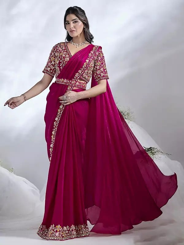 Sequins And Real Mirror Work Border Fancy Wedding Wear Two Tone Satin Silk Saree