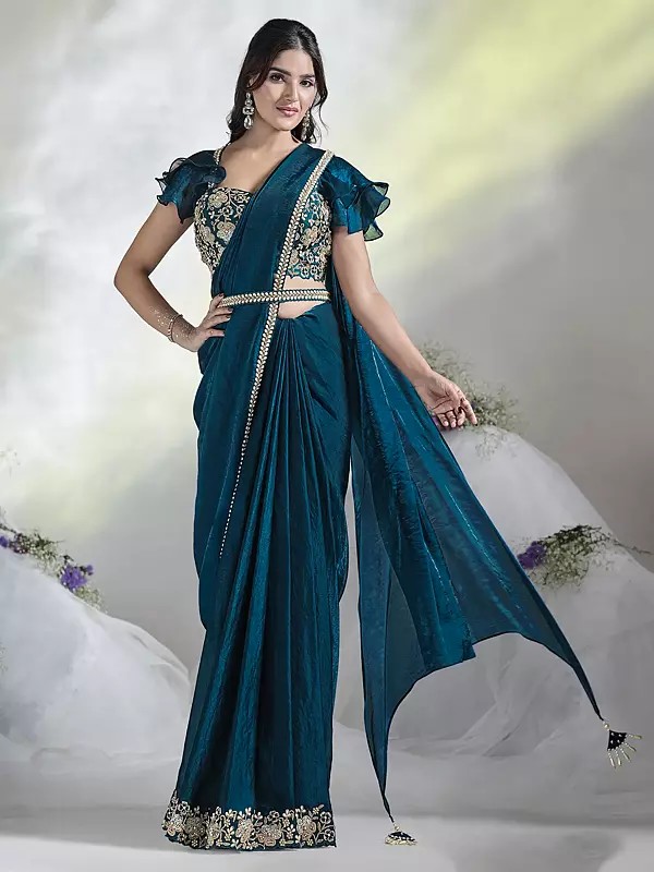 Two Tone Satin Silk Sequins And Moti Work Designer Party Wear Saree With Tassels Pallu