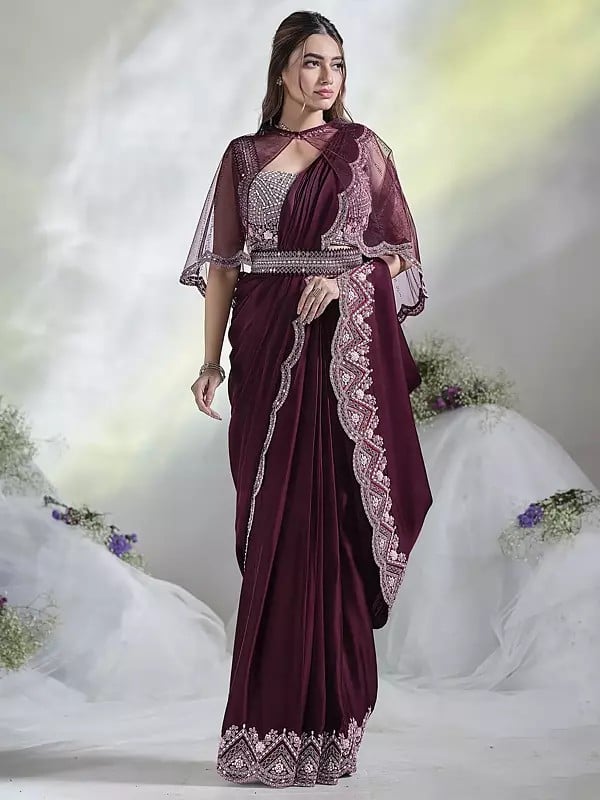 Moti And Real Mirror Work Border Designer Party Wear Crepe Satin Silk Saree