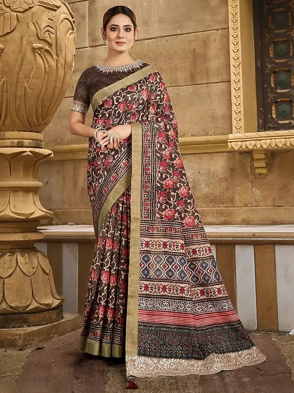 Gajji Silk Floral Print And Stone Work Border Saree With Tassels Pallu For Casual Occasion