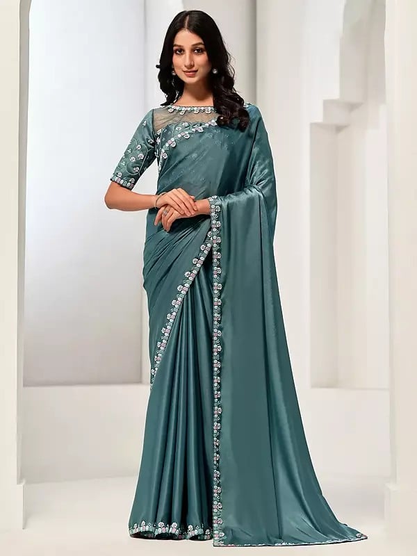 Sequins And Handwork Designer Party Wear Crepe Satin Silk Saree