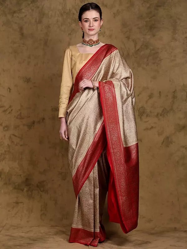 Banarasi Saree with All-Over Zari Woven Floral Triangle Pattern and Contrast Pallu-Border