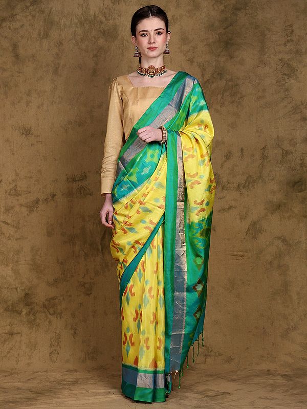 Blazing-Yellow Soft Silk Ikat Saree from Bangalore with Zari Border