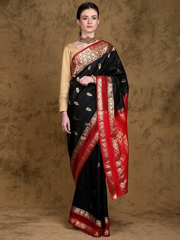 Jet-Black Pure Silk Saree with Zari Woven Motifs and Contrast Red Border & Anchal from Bangalore