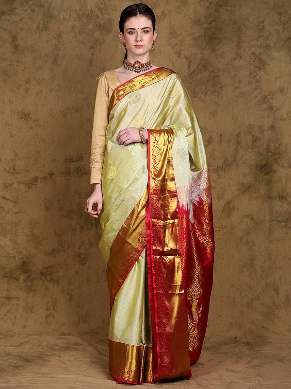 Luminary-Green Pure Silk Saree with Paisley Motifs and Intricate Golden Thread work from Bangalore