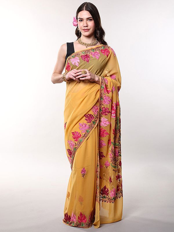 Aari Embroidered Maple Leaf Georgette Saree from Kashmir