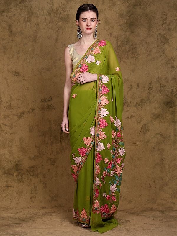 Lime Bean-Green Aari Embroidered Maple Leaf Georgette Saree from Kashmir