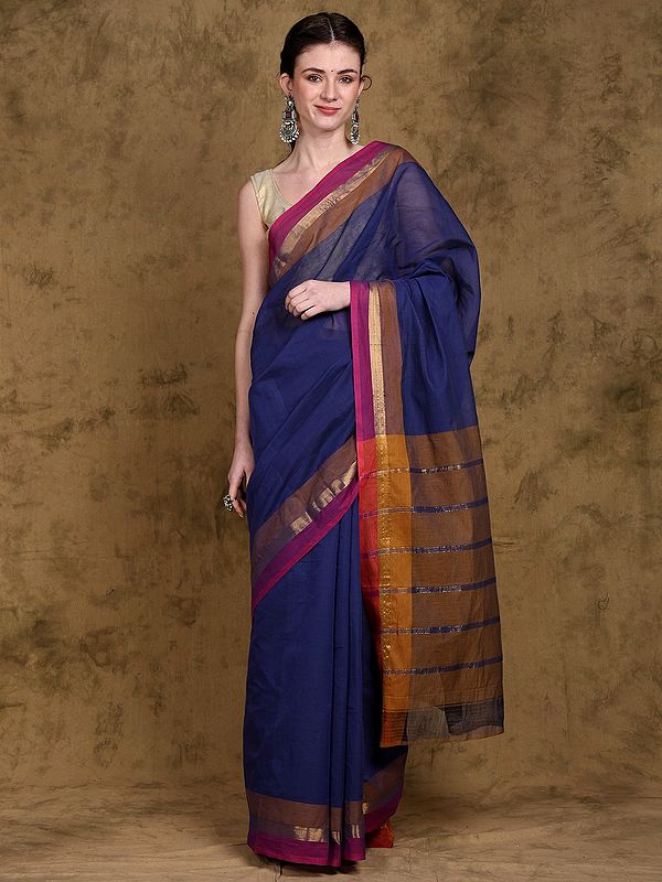 Estate-Blue Stripe Woven Chettinad Cotton Saree from Kumbakonam with Golden Border