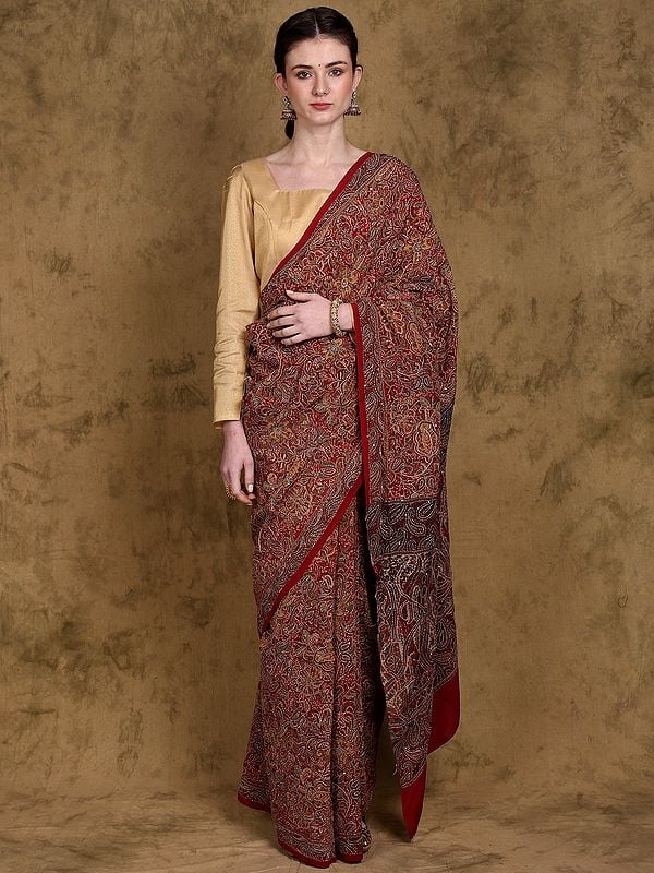 Multicolor Floral-Paisley Printed Crepe Saree with All-over Kantha and Sequins Embroidery