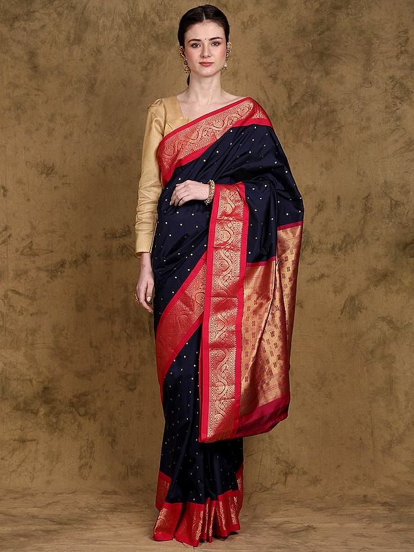 Evening-Blue Pure Silk Zari work Saree from Bangalore with Peacock Contrast Border