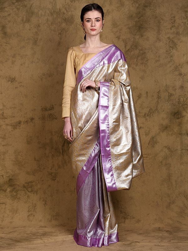 Golden-Apricot Saree from Bangalore with Woven Floral Vines in Silver Colored Thread work