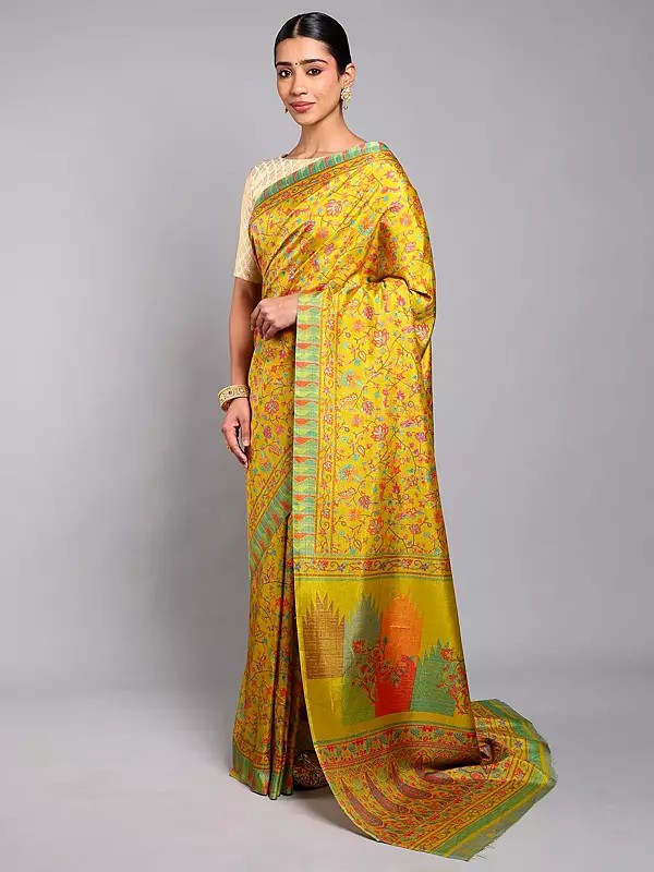 Kani Saree with Printed Multicolor Floral Paisley Vines