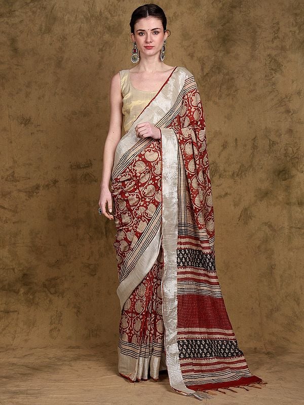 Burnt-Brick Crepe Silk Floral Vine Print Kalamkari Saree from Telangana with Shimmer Border