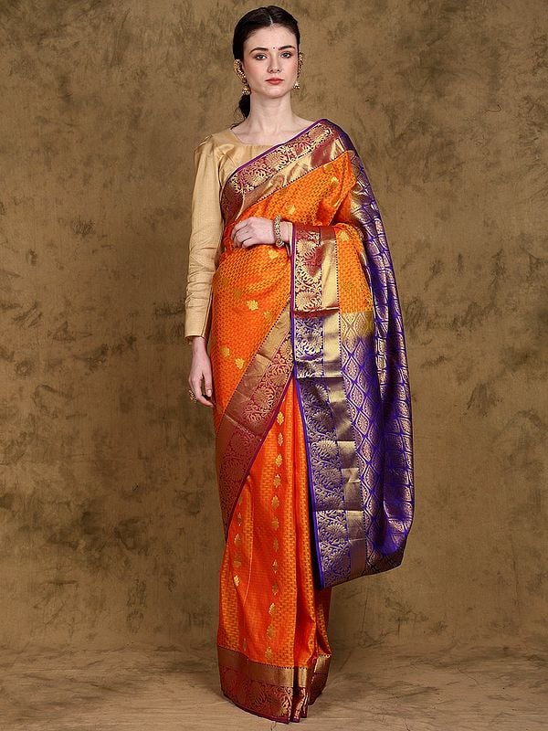 Vibrant-Orange Pure Silk Saree with Zari work Phool Bail Contrast Border from Bangalore